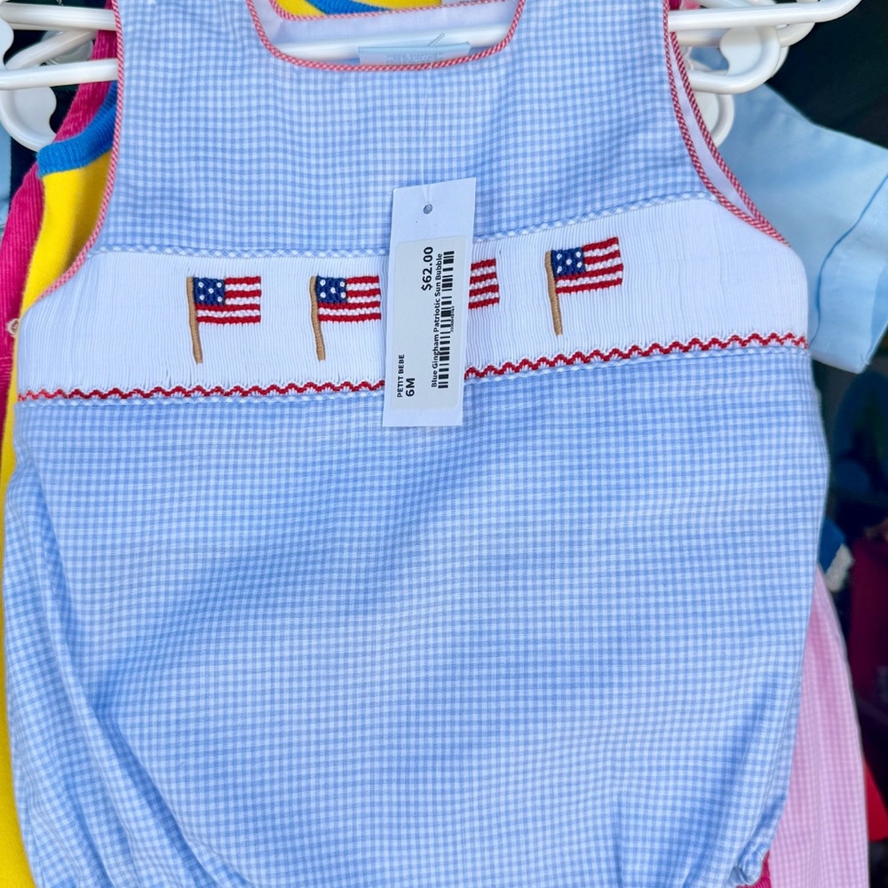 Petit Bebe smocked Patriotic July 4th American flag Blue Gingham bubble Romper